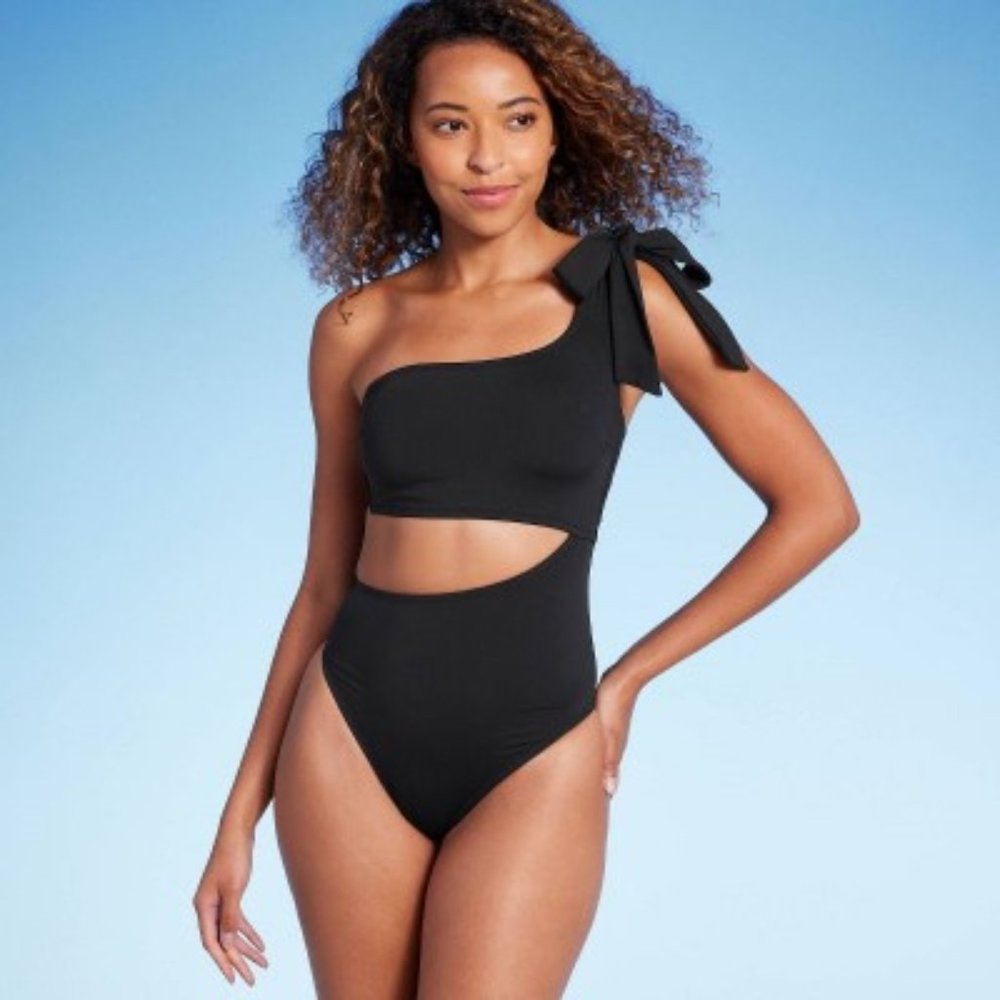 Shade & Shore One Shoulder Bow Side Cut-Out 1-Piece Swimsuit Black Sz Small NWT - Picture 1 of 12